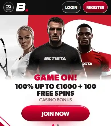 Betista Casino को मोबाइल गृहपृष्ठ — 100% बोनस र 100 फ्री स्पिनको ब्यानर